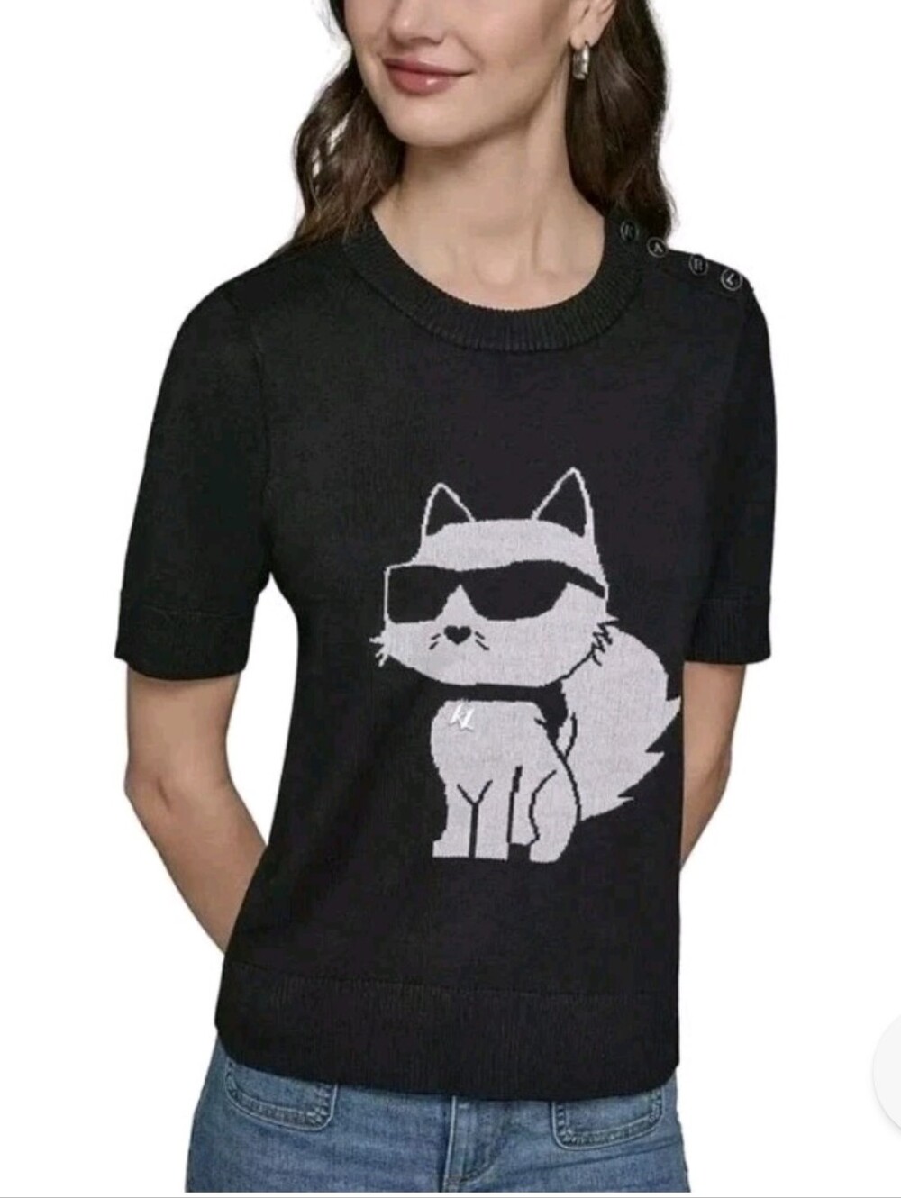 Karl Lagerfeld Black Short-Sleeve Sweater with White Sunglasses Cat Graphic